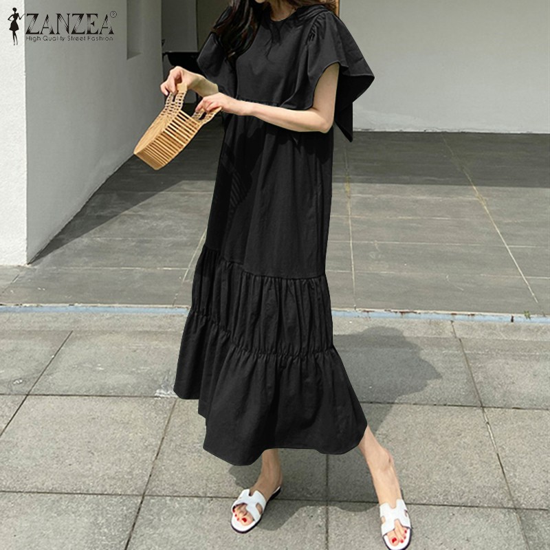 ZANZEA Đầm dài tay cổ tròn nhún bèo thời trang | BigBuy360 - bigbuy360.vn