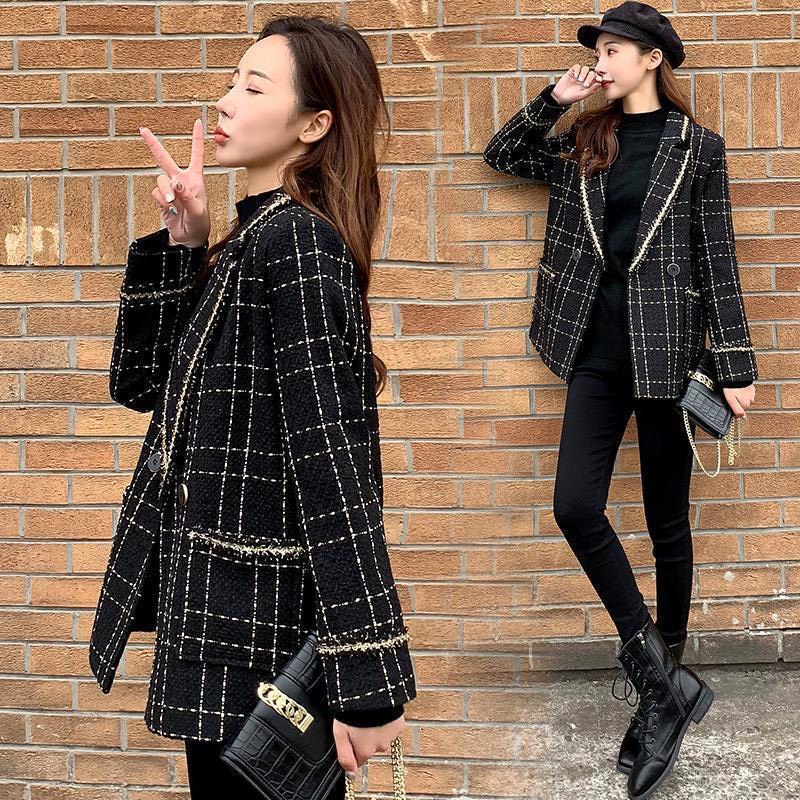 Áo Khoác Dạ Kẻ Màu Đen Viền Kim Tuyến 2 Lớp, Áo Khoác Mùa Đông