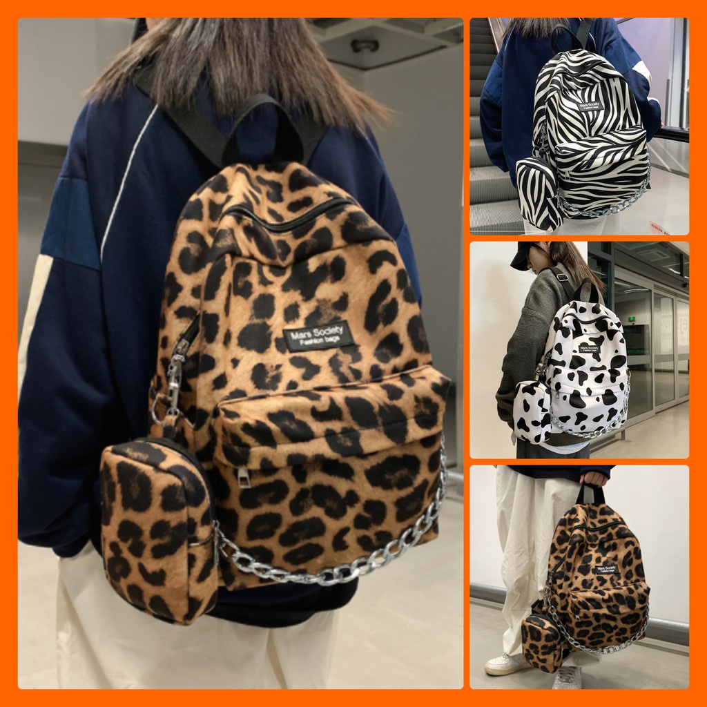 Balo unisex đi học, đi chơi họa tiết bò sữa Leopard phối dây xích cực ngầu KÈM túi đựng đa năng độc lạ - Hàng mới về