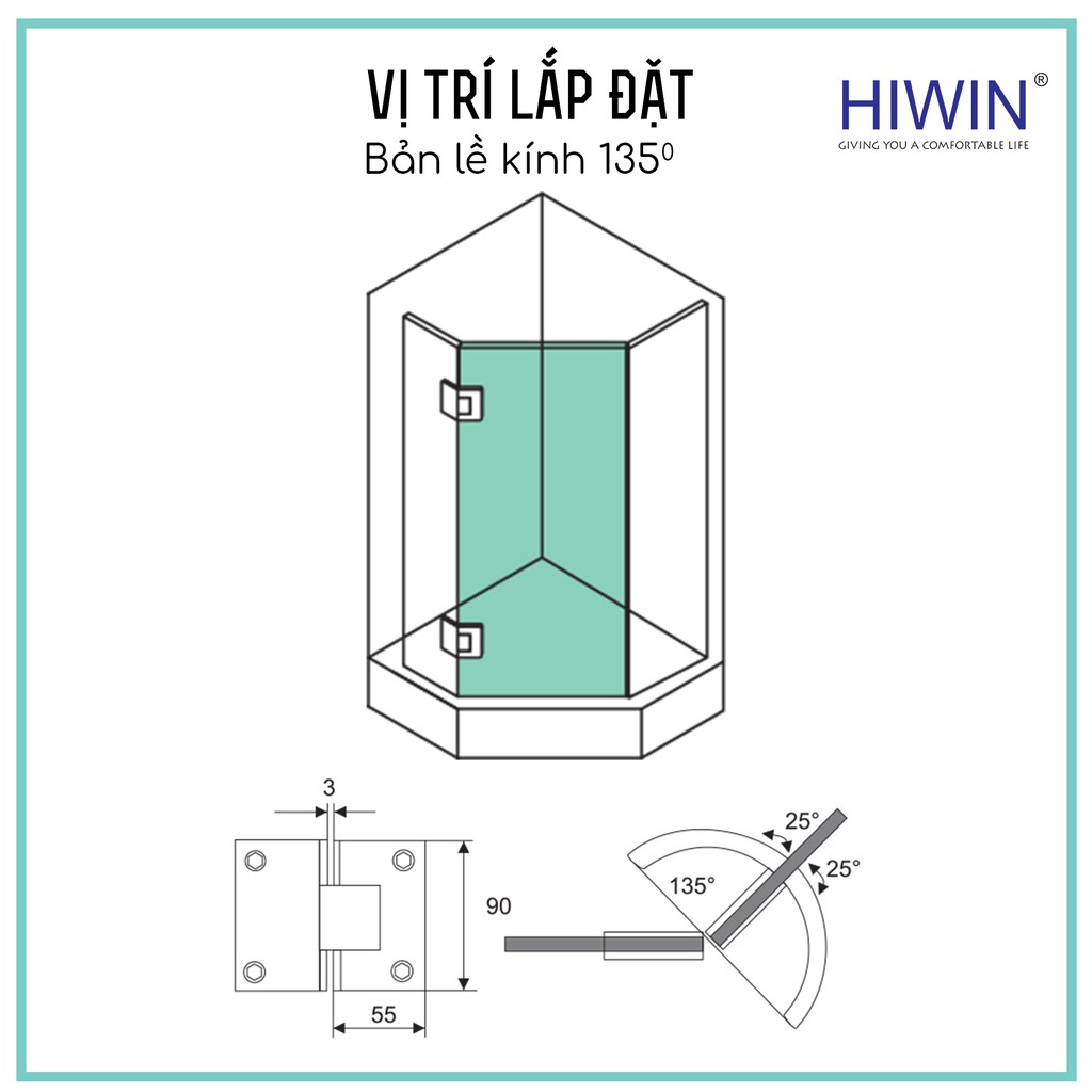 Bản lề cabin tắm kính 135 độ lệch cạnh thẳng inox 304 mặt gương Hiwin HG-010