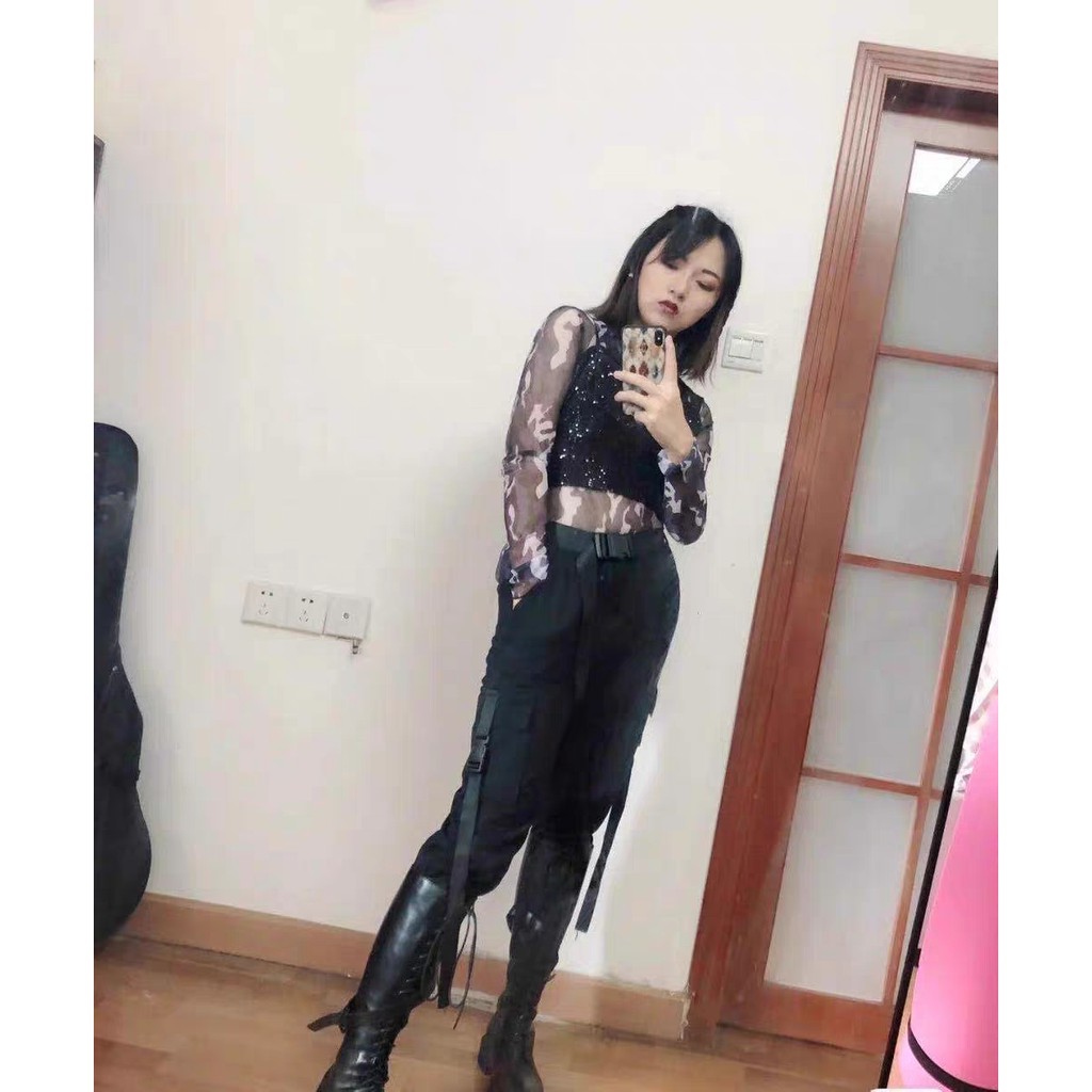 Set áo croptop dancer Lisa - Áo lưới loang dài tay - Bra kim sa đen