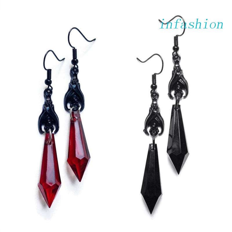 INF Fashion Pointed Red Gem Drop Earring for Women Crystal Black Bat Pendant Earring