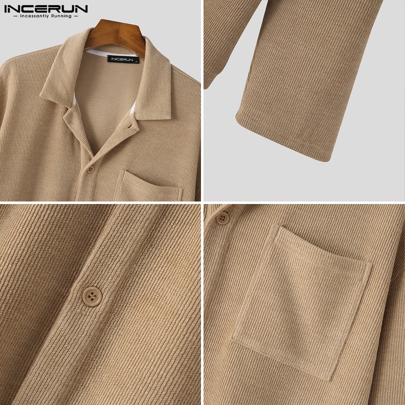 Áo sơ mi INCERUN dài tay màu trơn họa tiết kẻ sọc phối hàng nút thời trang cho nam