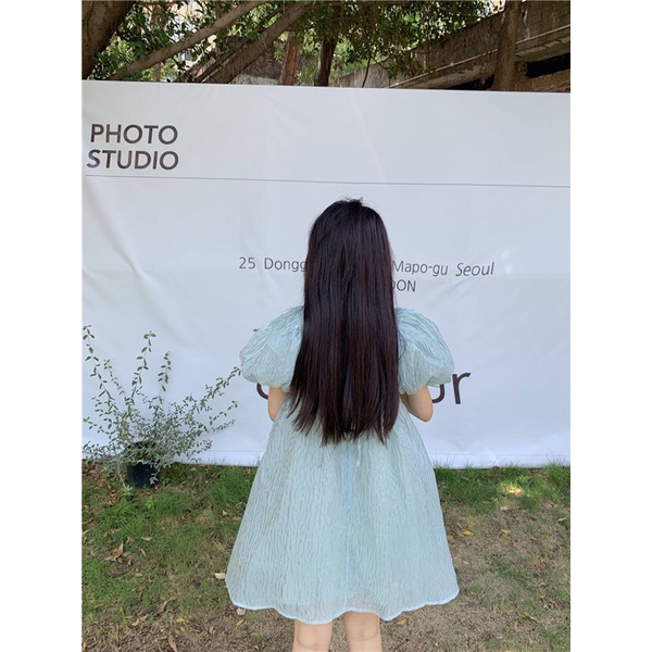 Đầm Babydoll Vải Xốp Sần Xám Xanh Tay Bồng Dáng Xoè Siêu Yêuu