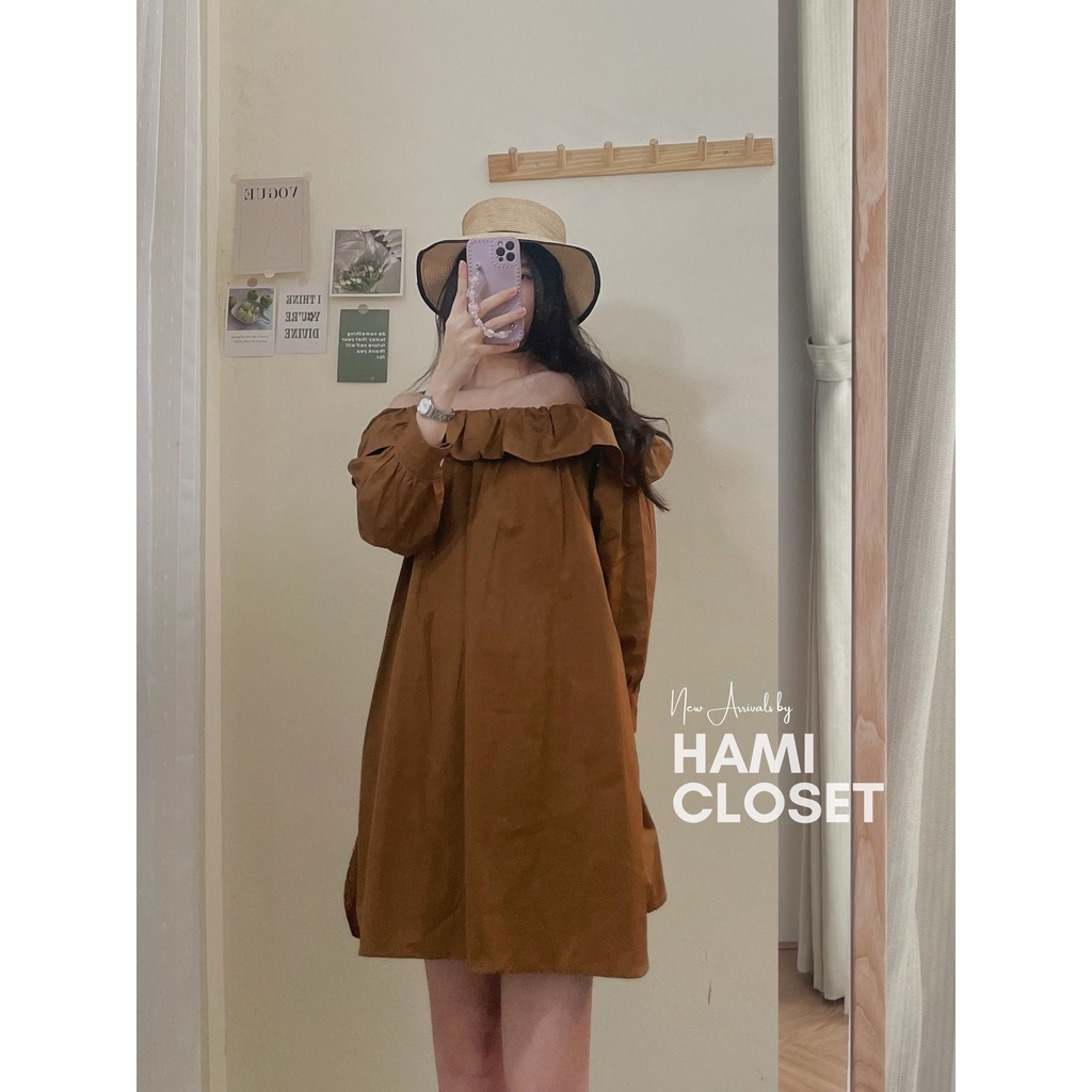 Áo dáng dài trễ vai xẻ tà chất thô mịn ba màu xanh cốm trắng nâu Hami 1154