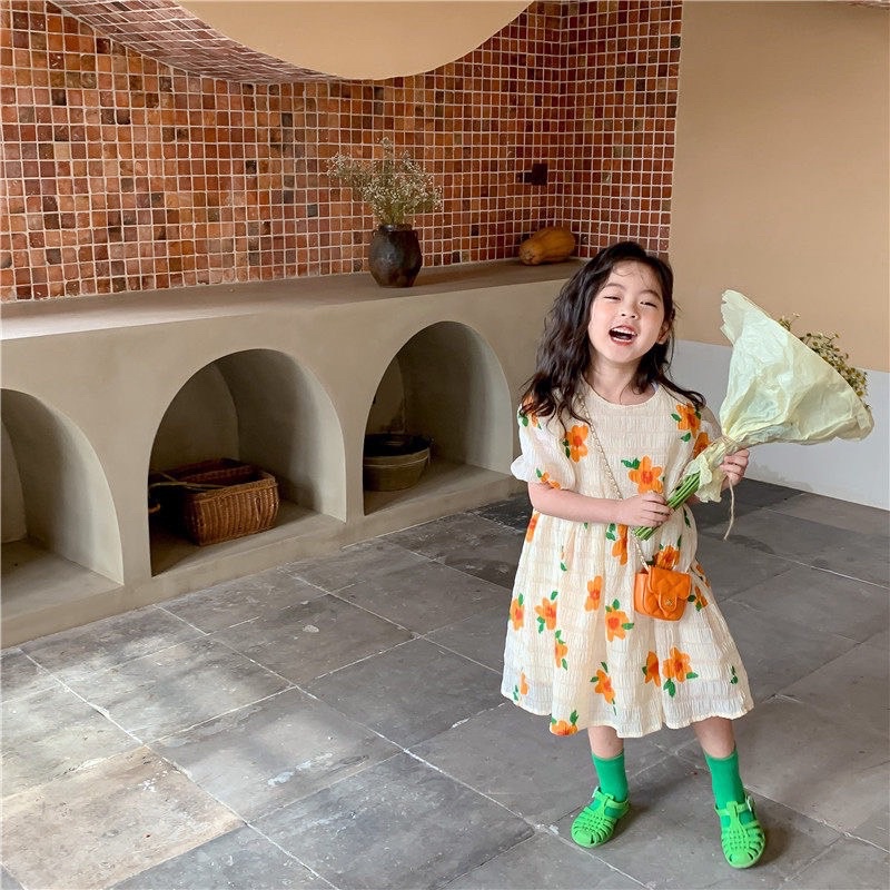 Váy Hoa Cam Tay Bồng Dài tay Chất Đũi Xốp Size 8-20kg Phong Cách Hàn Quốc Cho Bé Gái