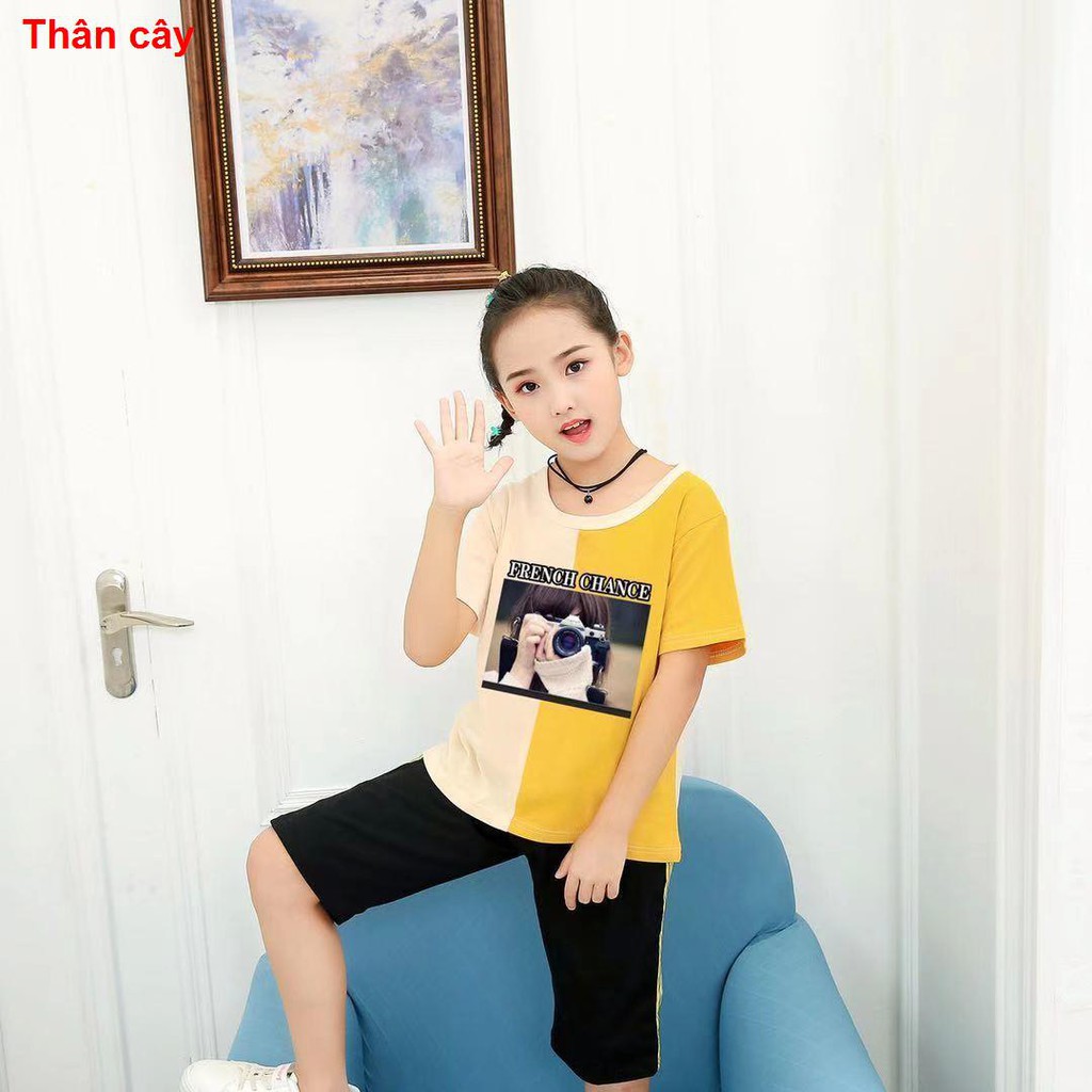 thời trang trẻ emPure Bộ đồ cô gái cotton Mùa hè kiểu mới khâu quần cắt ngắn tay, phong cách phương Tây trẻ em, áo