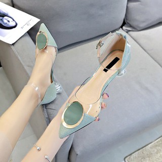 🌺Giày Cao Gót A90/ Mũi Nhọn/ Phối Quai Trong/ Đế Pha Lê 5 Phân/ Thời Trang Hàn Quốc 2019