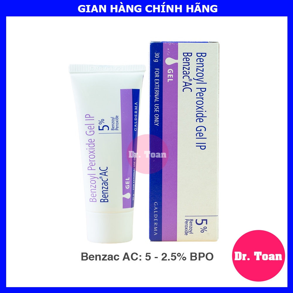 Benzac AC gel (30g) - 5% và 2.5% benzoyl peroxide, giảm mụn, hết mụn sưng viêm Ấn Độ