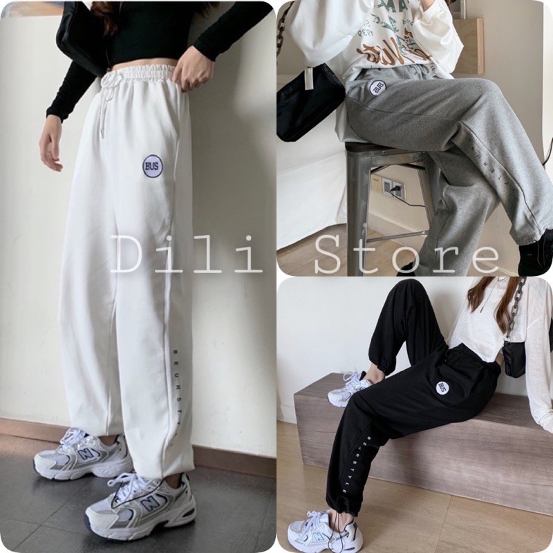 Quần Jogger nữ🍍 Quần Jogger Chữ Thêu Bus 3 Màu 🍍 quần bus chất vải thun mỏng thoáng mát có dây rút cực xinh mix nhiều áo