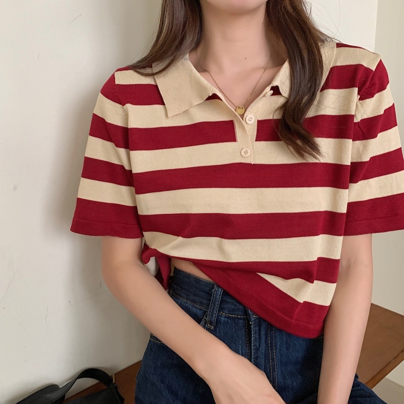 【Guimi】Áo Thun Polo Ngắn Tay Họa Tiết Sọc Ngang Thời Trang Dành Cho Nữ