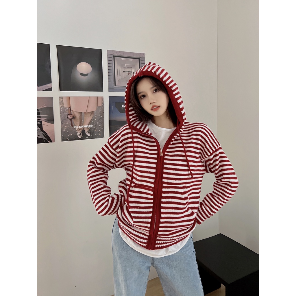 DUNEA Áo Khoác Cardigan Có Nón Họa Tiết Kẻ Sọc Màu Tương Phản Cho Nữ