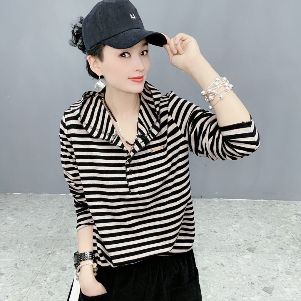 ∏❣◇Cotton tinh khiết 2021 áo thun mùa xuân mới phụ nữ thời trang rộng rãi cá tính len có mũ trùm đầu sọc khoác