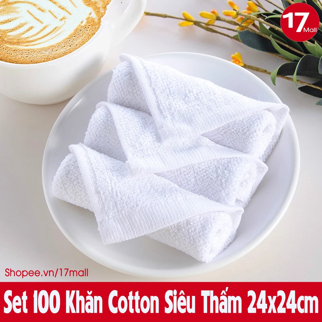 Set 100 khăn lau siêu thấm, khăn cotton dùng trong bệnh viện, lau tay, lau xe, nhà bếp, quán ăn size 24x24cm trắng