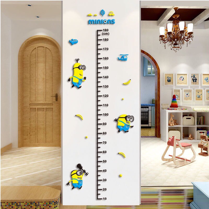 Tranh mica 3D dán tường phòng bé, phòng khách phong cách Hàn Quốc, decal dán tường - Tranh thước đo chiều cao Minion