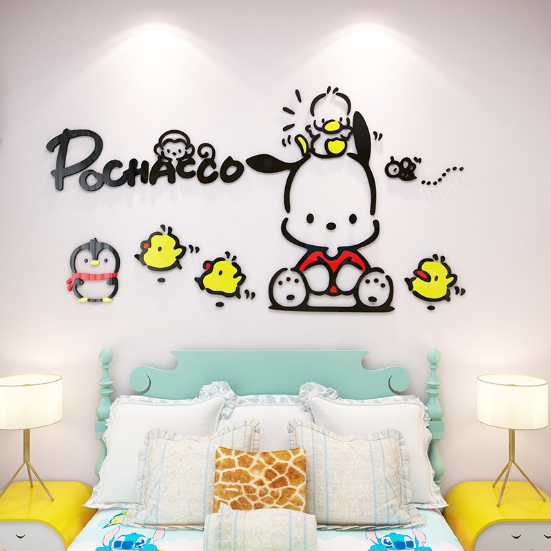 Tranh dán tường mica 3d decor khổ lớn chú chó pochacco trang trí mầm non, phòng cho bé Nhiều Size - EPeBen