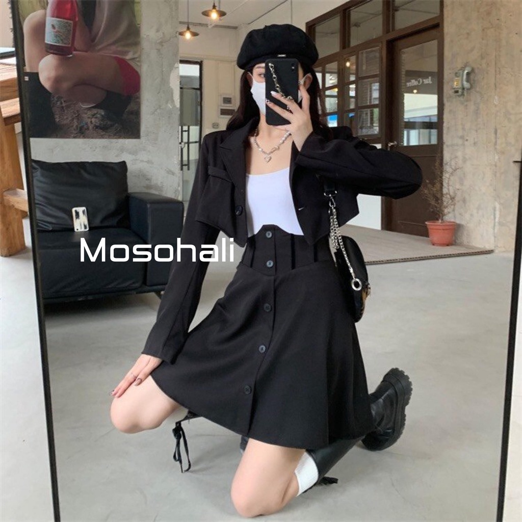 Chân váy nữ hách dáng eo bụng xòe cạp cao phối nhung cúc dọc có BIGSIZE thời trang
