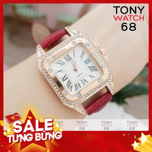 Đồng hồ nữ Cart mặt vuông dây da đỏ đính viền đá chống nước chính hãng sang chảnh đẹp Tony Watch 68 - Hàng nhập khẩu