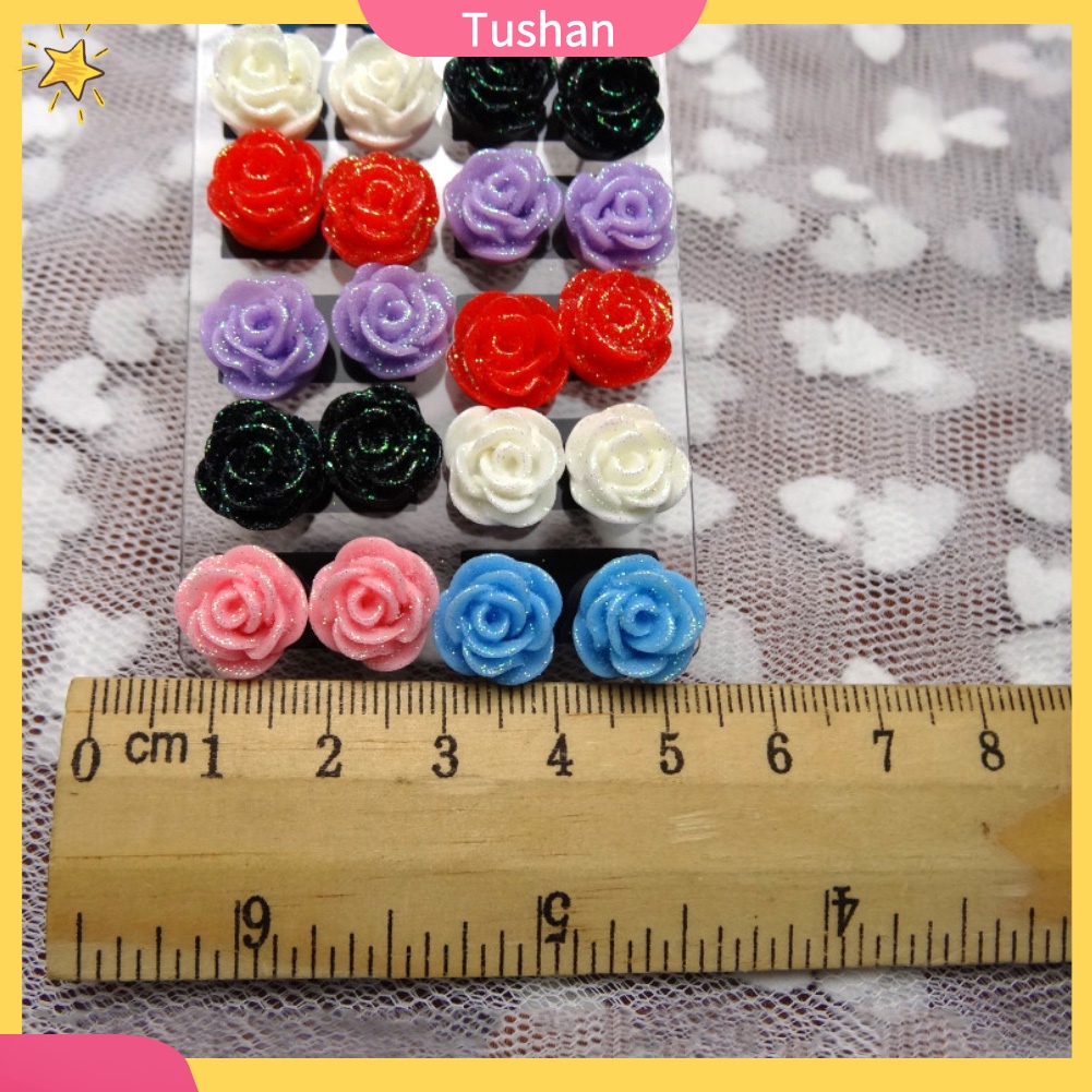 TUSH_12Pairs Lifelike Fake Colorful Rose Flower Charm Ear Stud Earrings Jewelry Gift