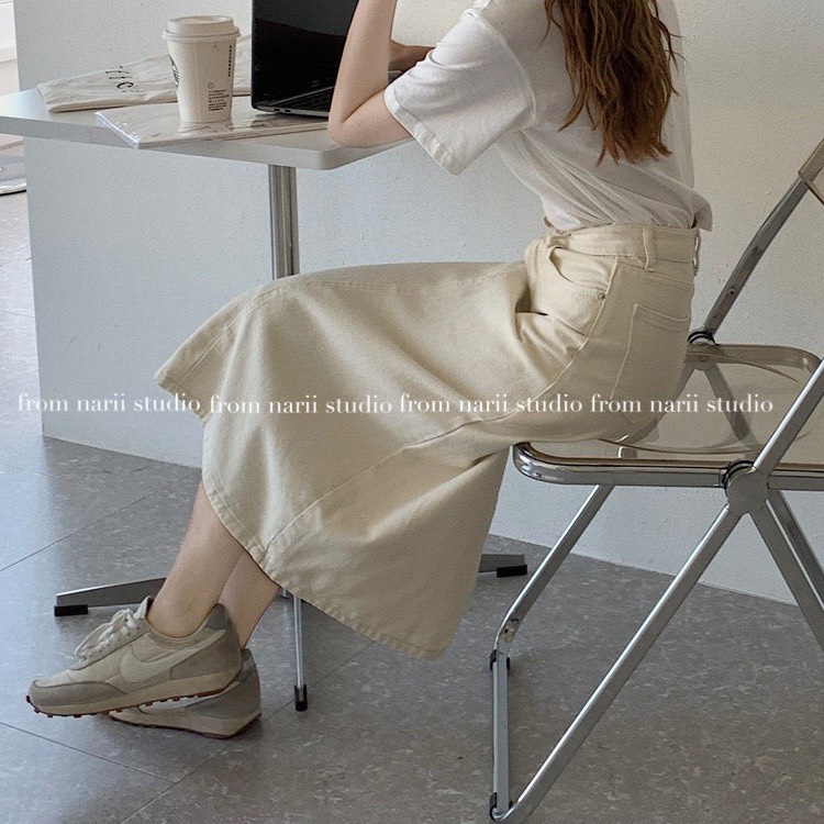 Chân váy dài chữ a jeans denim NARII midi Hàn Quốc cao cấp xẻ tà sau | BigBuy360 - bigbuy360.vn