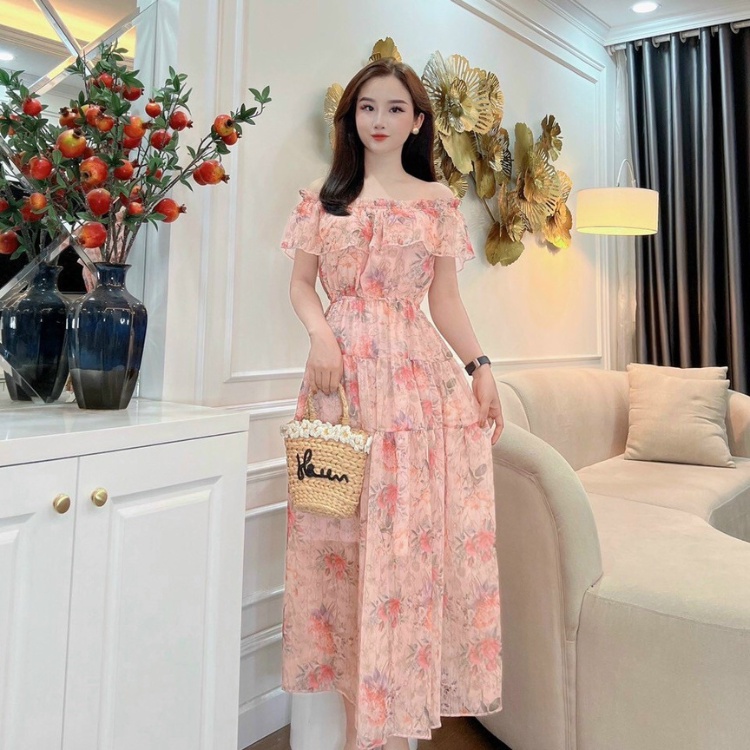 Đầm trễ vai váy hoa nhí vintage váy đi biển sexy midi  Kèm hình thật Đầm maxi voan hoa