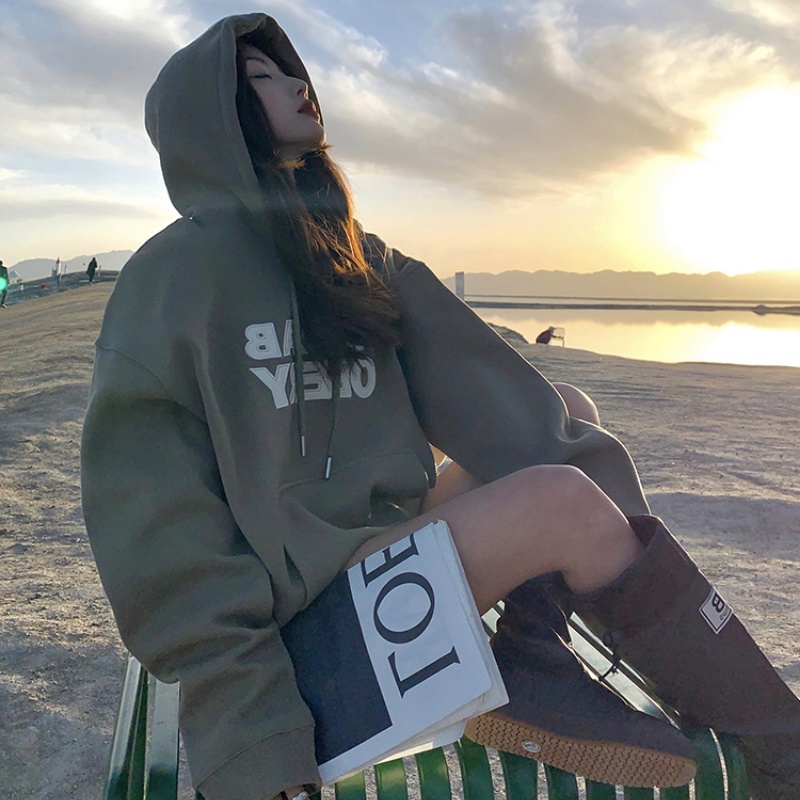 Áo Hoodie Nữ Dáng Rộng Thêu Chữ Phong Cách Hàn Quốc