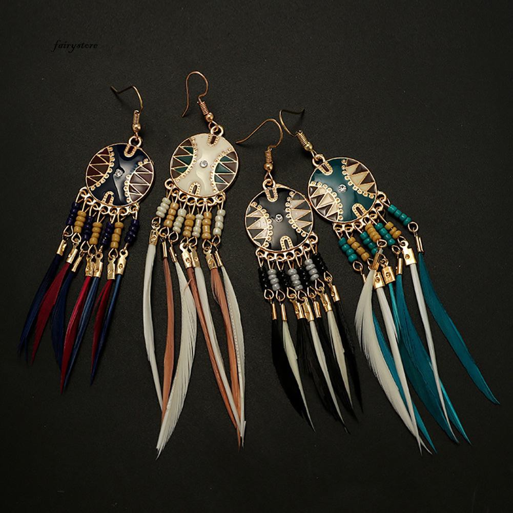 Bông tai hình dreamcatcher đính lông vũ phong cách cổ điển