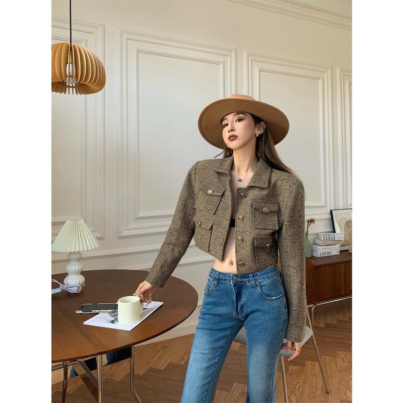 Áo dạ croptop màu coffee chất dày dặn vải đẹp, tay dài style cá tính