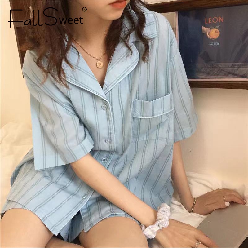 Bộ đồ ngủ hai mảnh FALLSWEET họa tiết kẻ sọc thời trang Hàn Quốc mùa hè cho nữ pijama cổ vuông