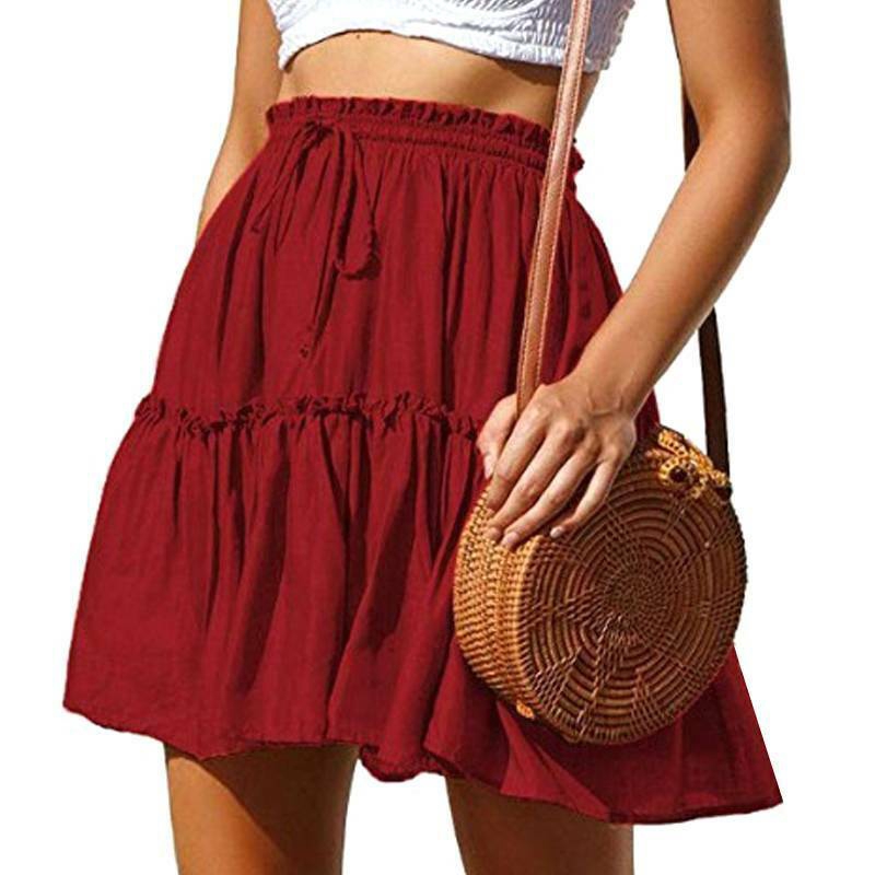 Pleated Mini Skirt Women High Waist Elastic Ruffle Summer Beach Boho