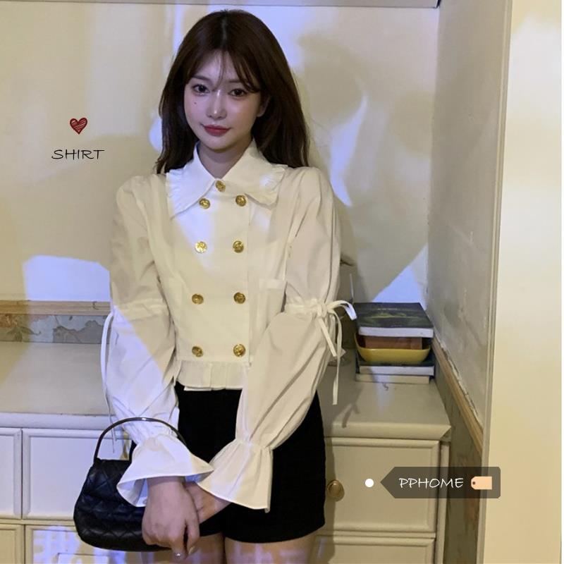 Áo Sơ Mi Tay Chuông Thiết Kế Hai Hàng Nút Cài Phối Ren Dễ Thương Cho Nữ