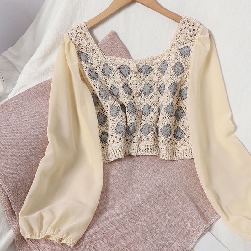 Áo Khoác Cardigan Chiffon Tay Dài Phồng Cổ Vuông Phối Ren Hoa Phong Cách Pháp Cổ Điển Thời Trang Cho Nữ