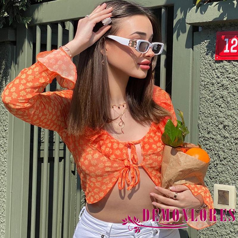 Áo Lửng Tay Dài Ống Loe In Hoa Buộc Dây Phía Trước Thời Trang Mùa Hè Cho Nữ