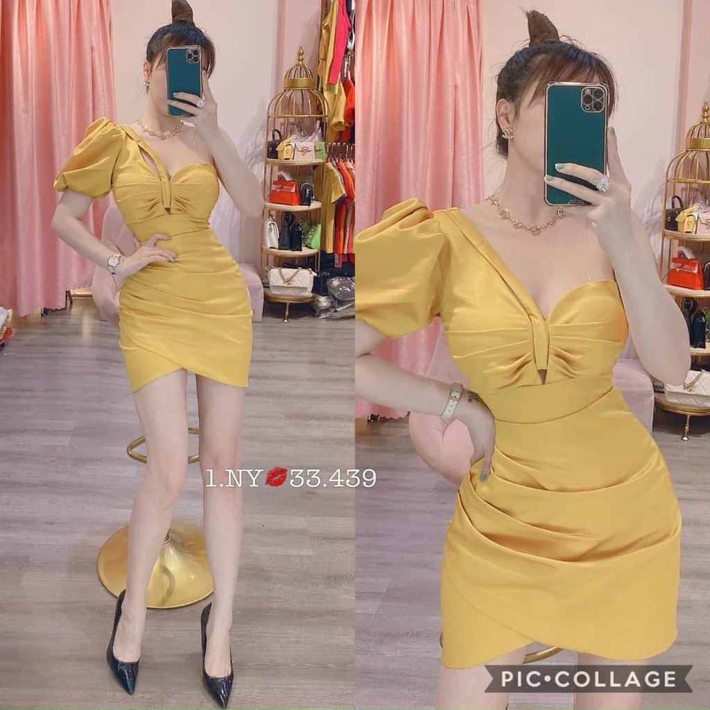 Đầm body nữ 1 tay phồng cổ lệch vai (có mút) eo xếp ly xịn xò thời trang nữ cho quý cô dự tiệc sang chảnh