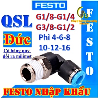 Khớp nối nhanh L ren ngoài ống khí Festo Đức, đầu cút (co, giắc) nối góc dây hơi máy nén khí phi 4, 6, 8, 10, 12 QSL-G