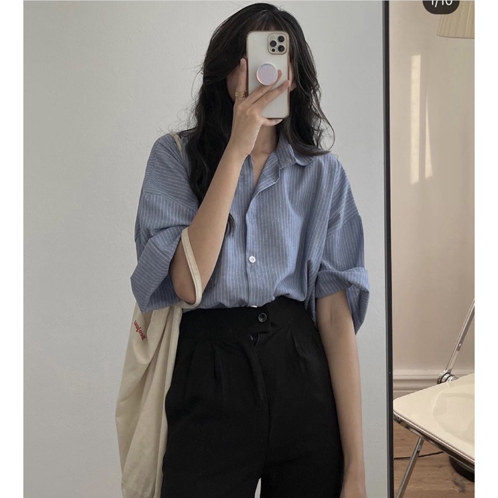 Áo sơ mi nữ tay lỡ form rộng kẻ khuy Kiểu Màu Trắng đen xanh đẹp ngắn tay ulzzang vintage hàn quốc cao cấp kozoda SM48