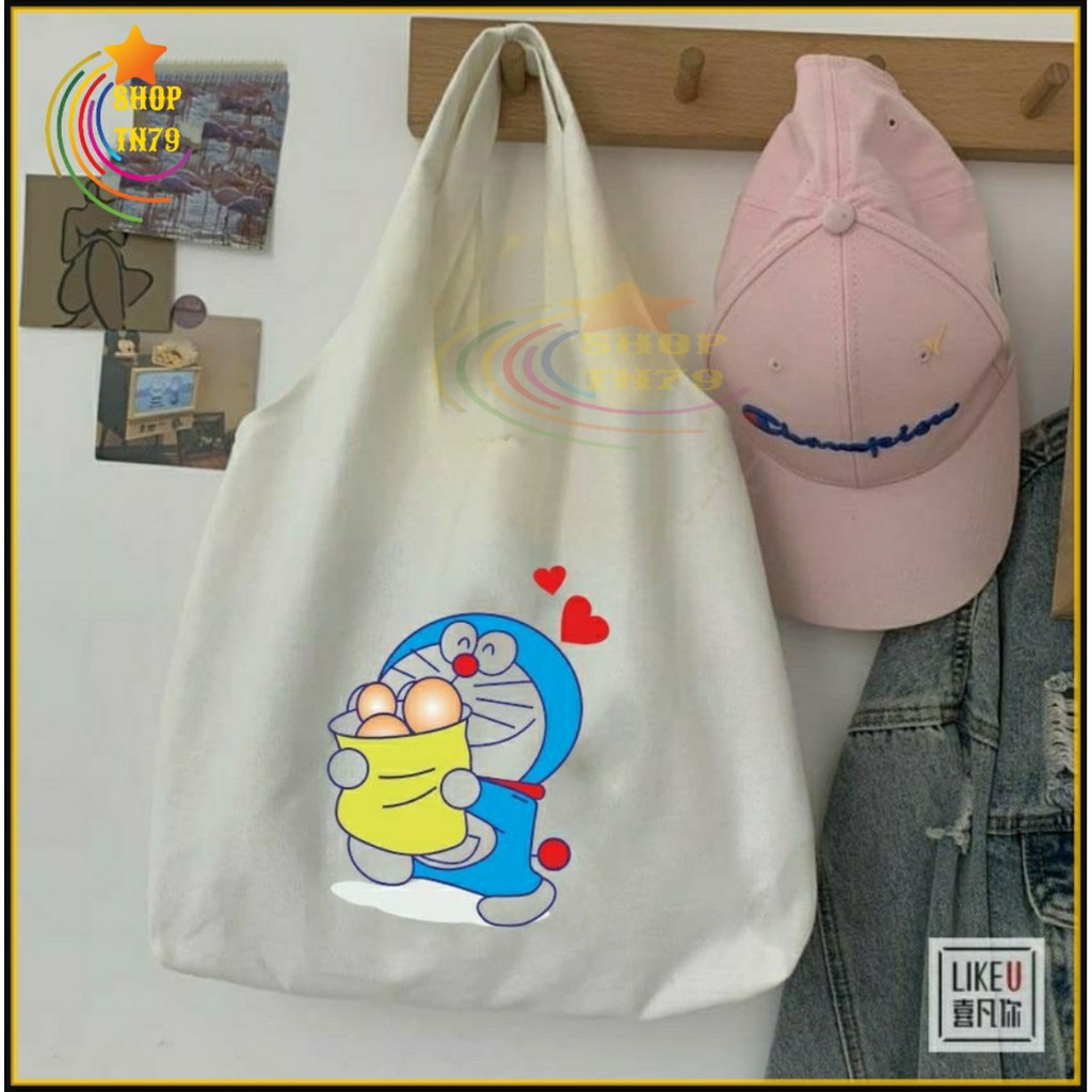 Túi đeo vai thời trang vải canvas mềm loại to đi hoc , đi chơi , đi làm đều rất đẹp - DOREMON 2 TIM