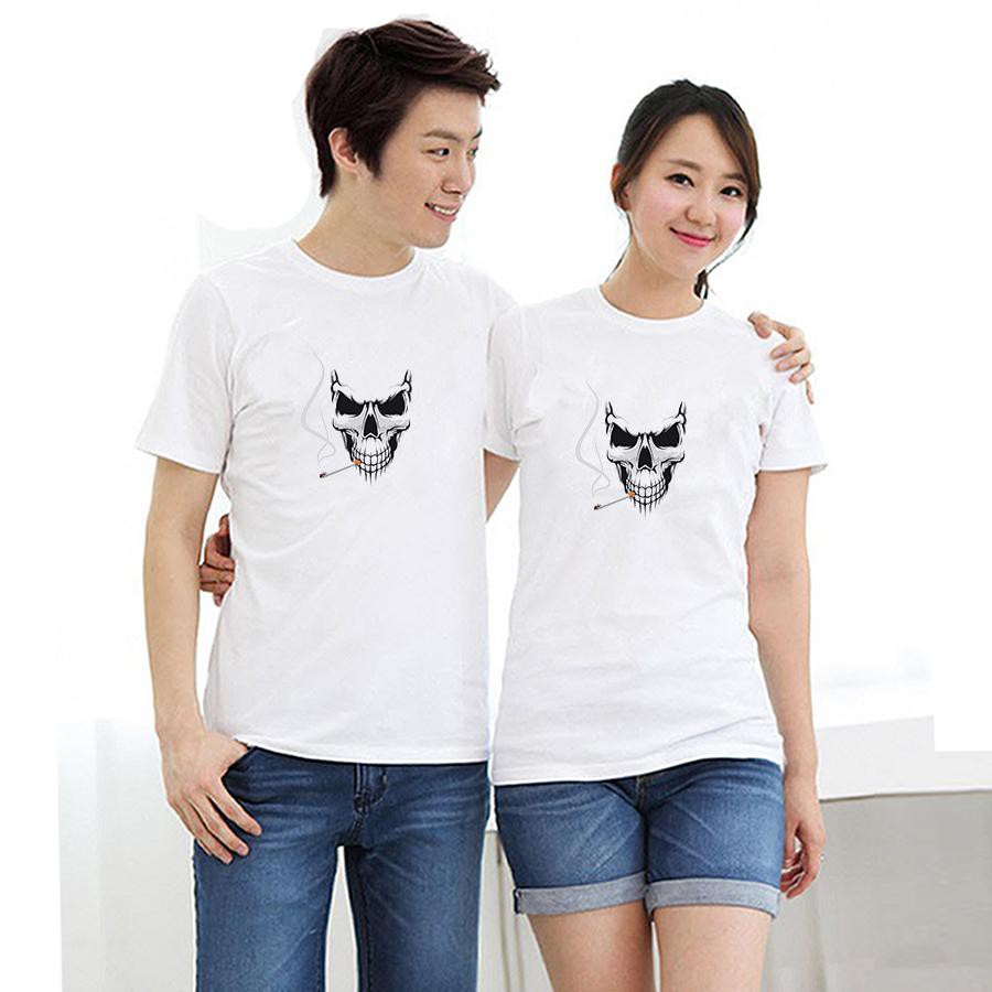 Áo thun cặp đôi in hình đầu lâu hút thuốc form rộng phong cách hàn quốc