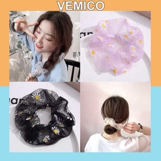 Dây cột tóc vải lưới Scrunchies thêu hoa cúc họa mi HOT TREND SC02