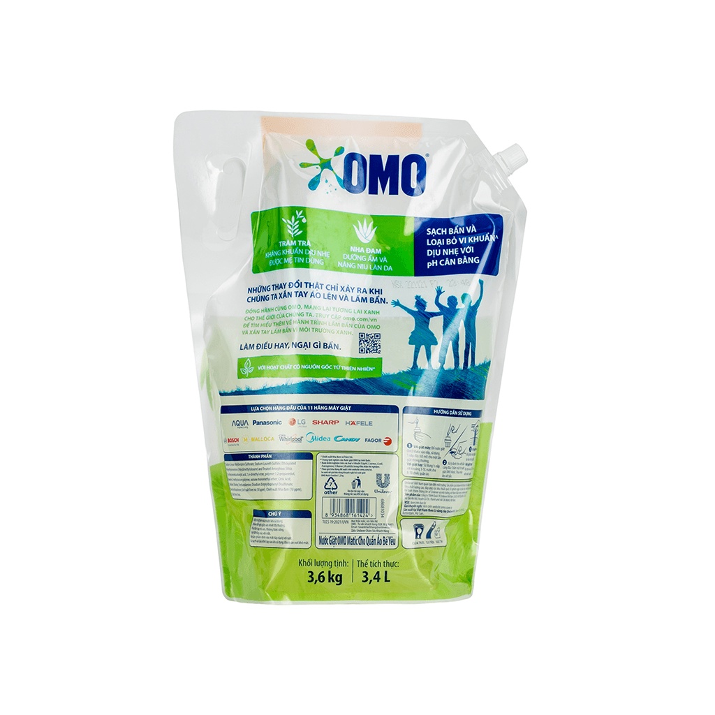 Nước giặt OMO Matic dịu nhẹ cho quần áo bé loại bỏ mùi hôi 3.6kg/gói