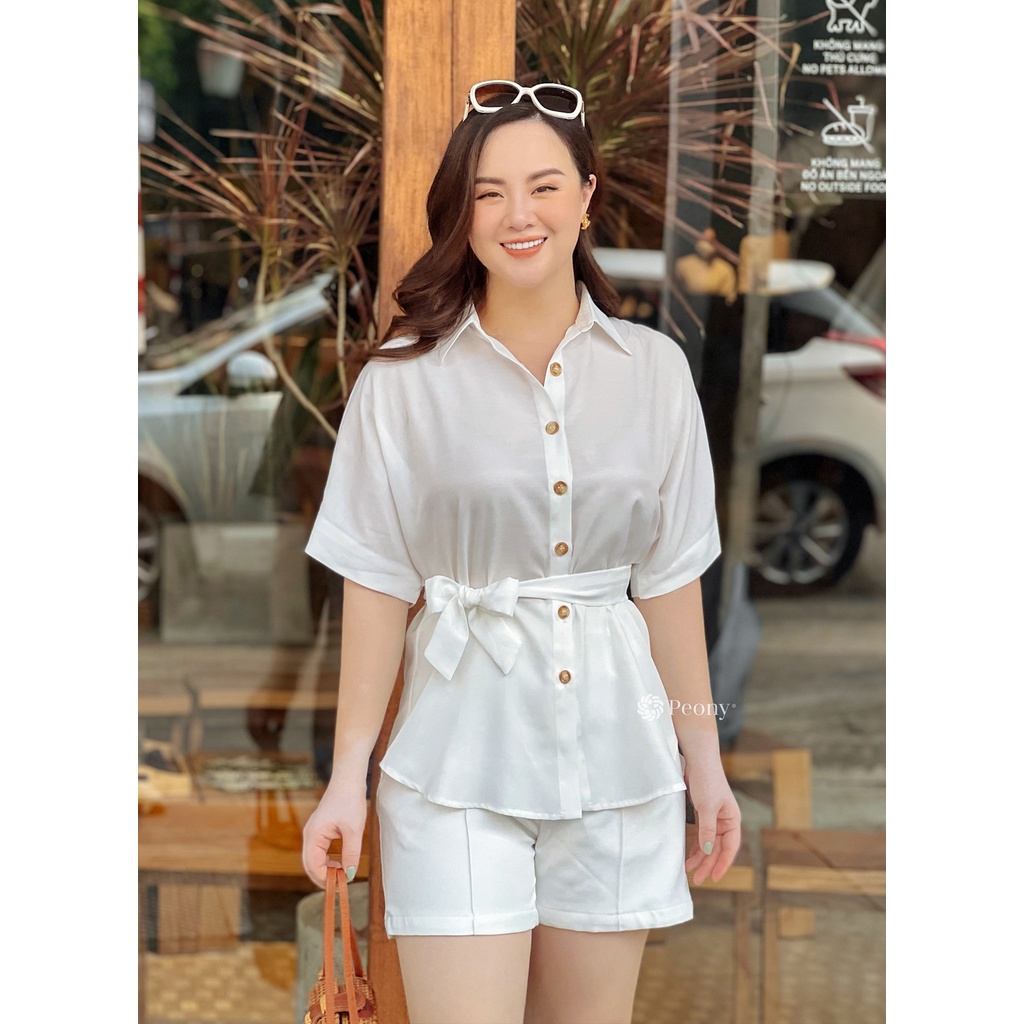 Áo sơ mi nữ trắng, dáng freesize, tay cánh rơi, ngắn tay, chất sợi sen thoáng mát, kèm đai rời Peony - OLIVIA TOP