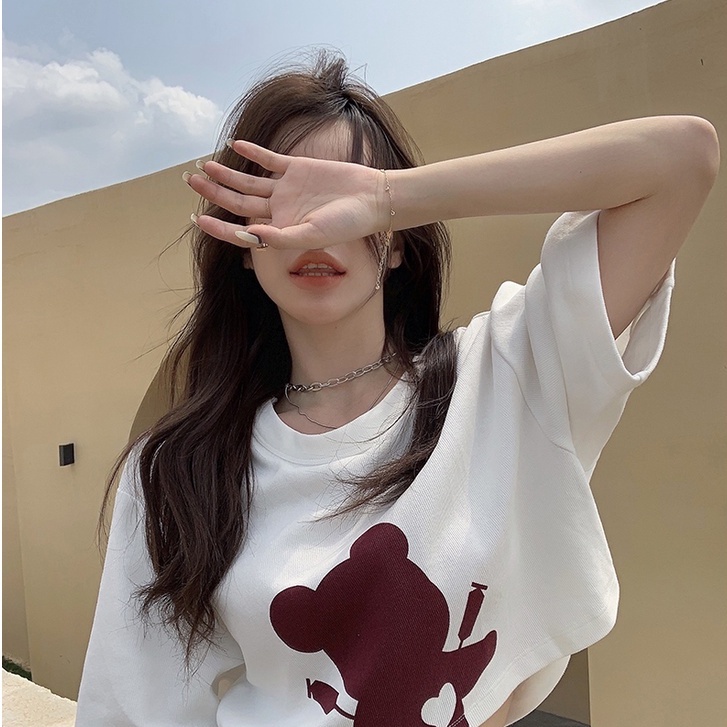 QADCOL Áo Thun Tay Ngắn Dáng Rộng In Hoạt Hình Đáng Yêu Cho Nữ