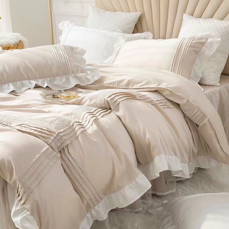 Bộ Chăn Ga Gối Cotton Lụa Bèo Ren Công Chúa Hàng Nhập Khẩu Cao Cấp 4 Món 4 Màu Nhẹ Nhàng
