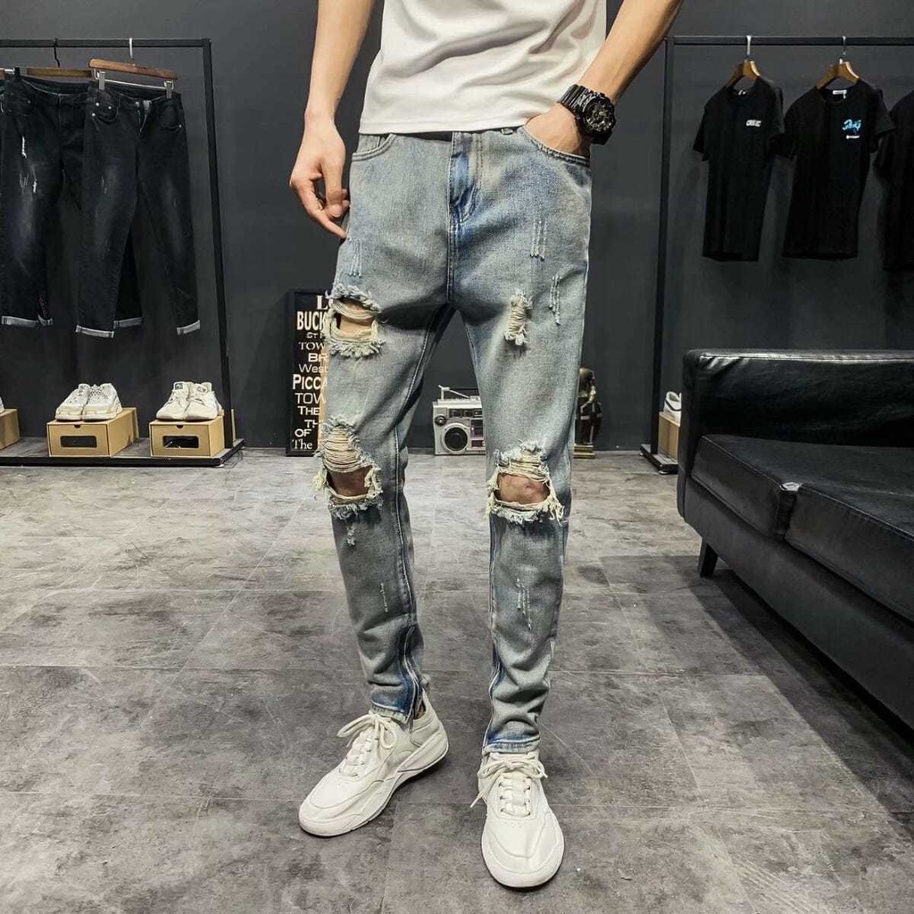 Quần Jeans Dài Rách Gối Thời Trang Dành Cho Nam