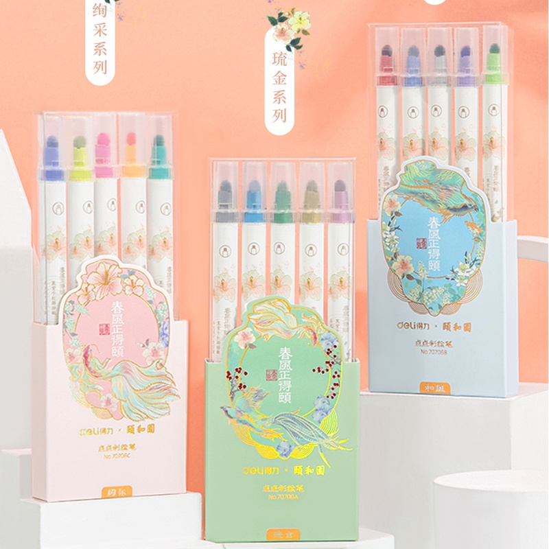 Deli Set 5 bút đánh dấu hai đầu họa tiết chấm bi phong cách cung điện mùa hè