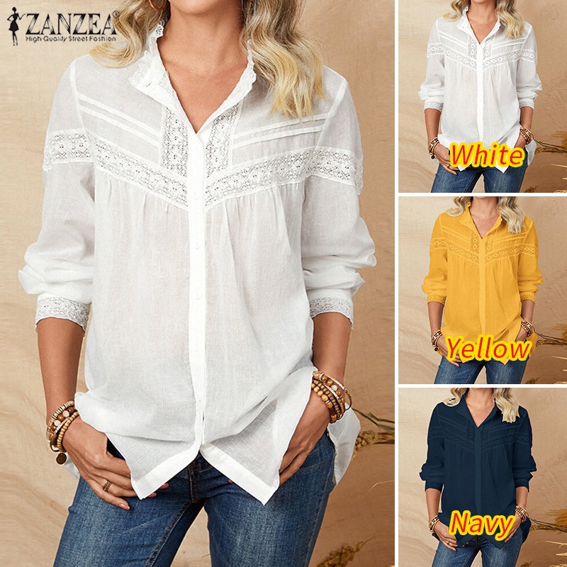 Áo sơ mi ZANZEA dài tay cổ bẻ phối ren phong cách Châu Âu thời trang cho nữ