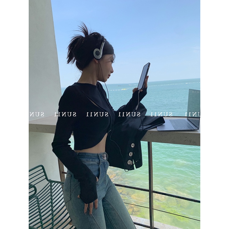 Áo Thun Tay Dài Cổ Tròn Dáng Ngắn Thời Trang Hàn Quốc