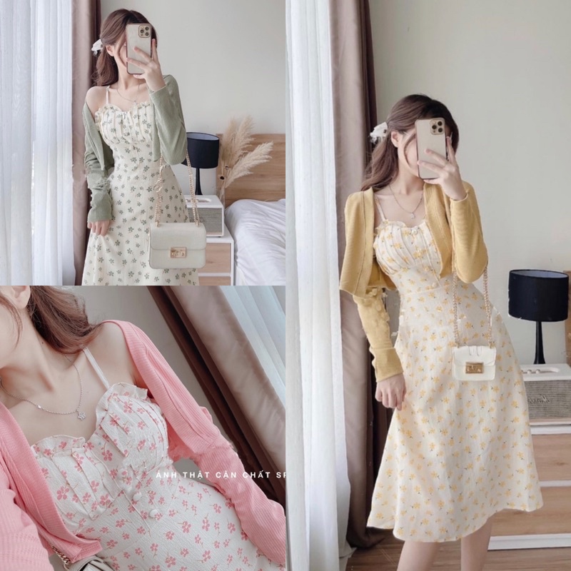 🔥 Váy Hai Dây Hoa Nhí + Áo Khoác Cardigan Mỏng S22 (Ba Màu Vàng Hồng Xanh) Phong Cách Hàn Quốc
