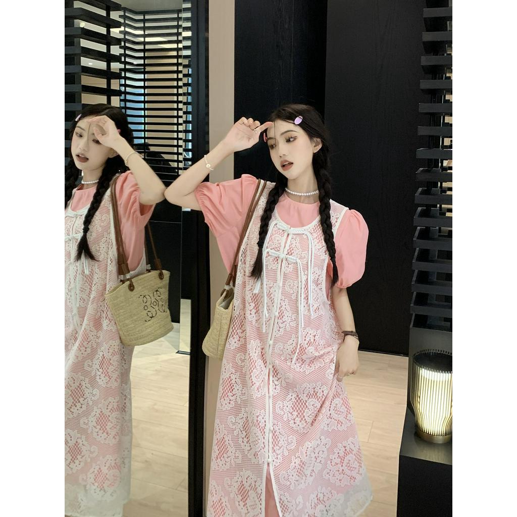 63363 Đầm Sơ Mi Tay Phồng Phong Cách Mới Với Áo Vest Ren Móc