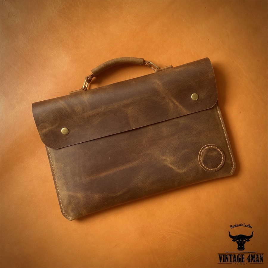 Cặp Laptop, Tệp A4 Da Bò Phong Cách Vintage Nhỏ Gọn/ túi da đựng máy tính handmade vintage BG16